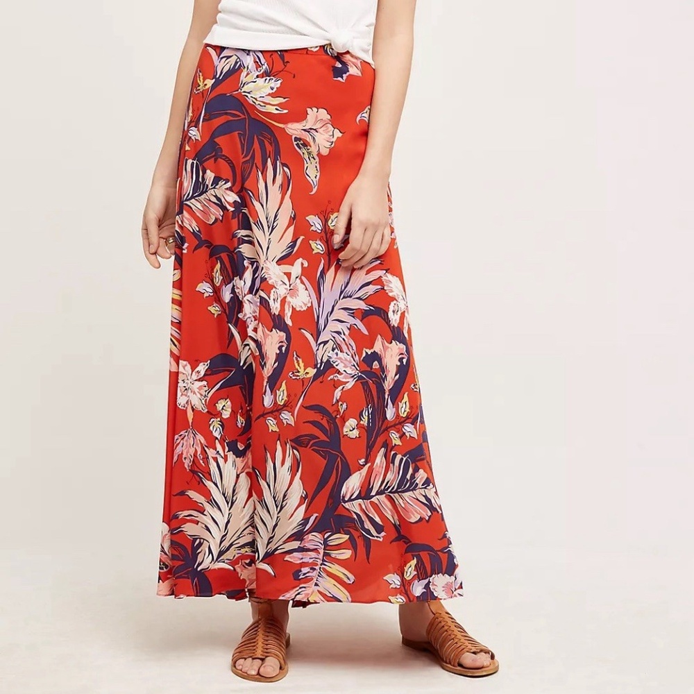 Vibrant Silk Maxi Skirt – Orange Red Tropical Floral Print